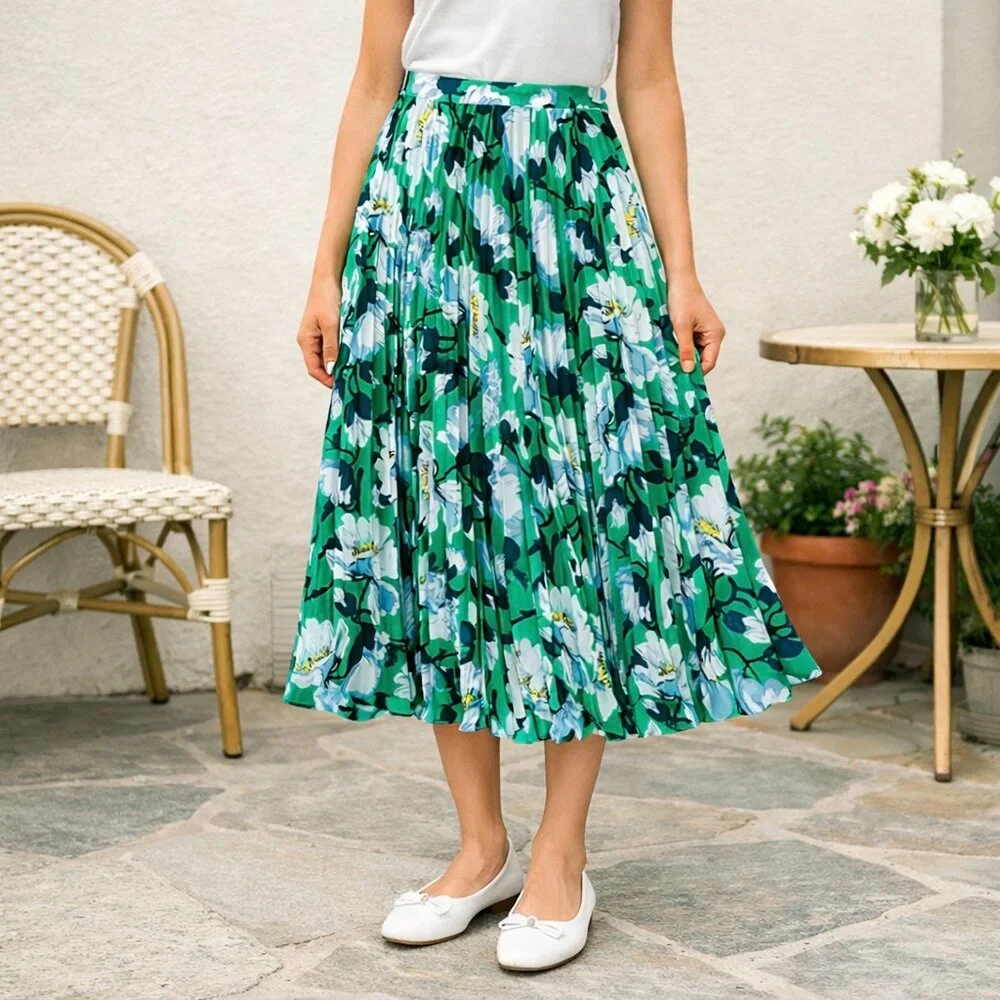Anthropologie Maeve Floral Green Pleated Midi‎ Skirt Size X-Small